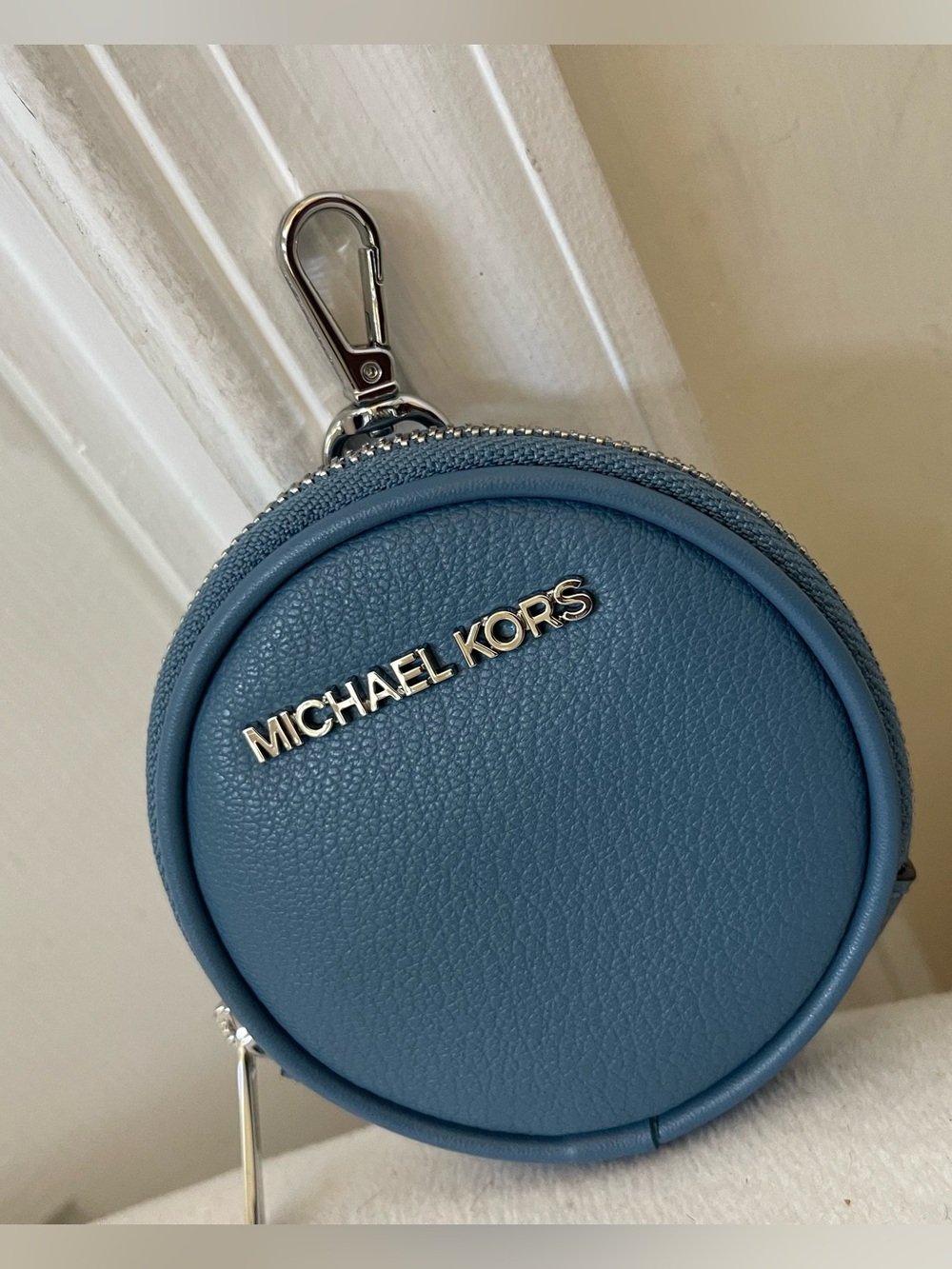 Michael Kors Round Blue Leather Coin Case with Silver Hardware